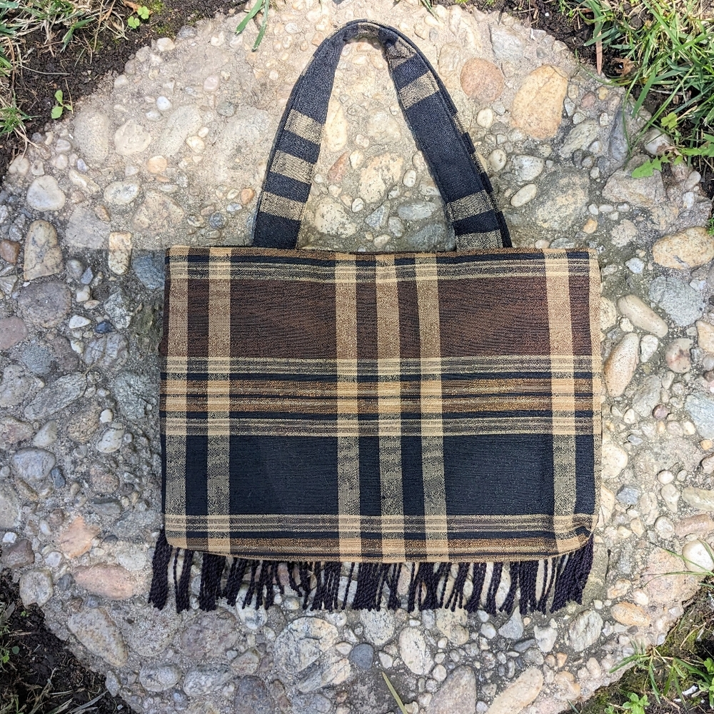 90s VTG Brown Plaid Fringe Mini Bag - Picture 9 of 11